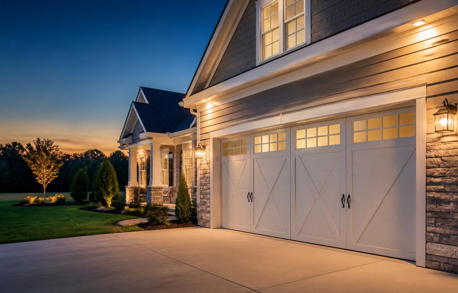 Modern Ohio suburban home in Monroe with a freshly serviced carriage-style garage door at golden hour